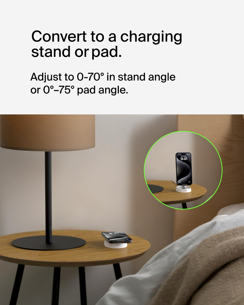 Belkin BoostCharge Pro Convertible Magnetic Wireless Charging Stand w/ Qi2 15W, PD Fast Charger, Adjustable Pad or Stand Mode, for iPhone 15/14/13/12 Pro Max Plus, S24/23 Ultra iOS & Android - White