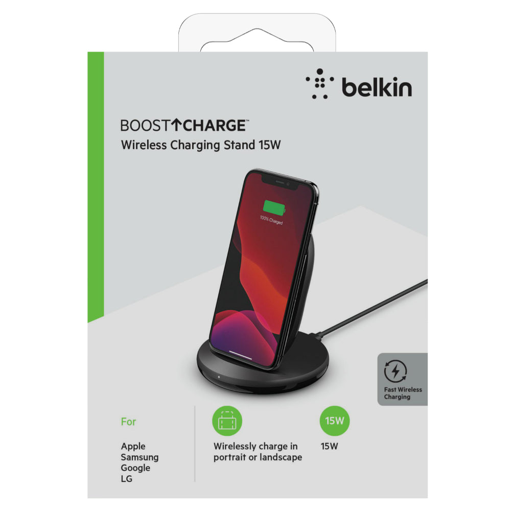BELKIN BoostCharge Wireless Charging Stand 15W (Qi Fast Wireless Charger for iPhone, Samsung, Pixel, more) - Black