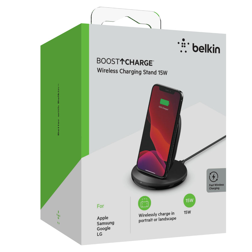 BELKIN BoostCharge Wireless Charging Stand 15W (Qi Fast Wireless Charger for iPhone, Samsung, Pixel, more) - Black