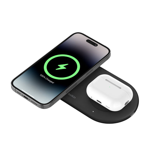 Belkin BoostCharge Pro 2-in-1 Wireless Charging Pad with Magnetic Qi2 15W, Fast Charging iPhone Wireless Charger Compatible with iPhone 15 Series, AirPods, MagSafe Enabled Devices - Black