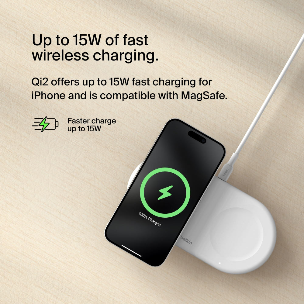 Belkin BoostCharge Pro 2-in-1 Wireless Charging Pad with Magnetic Qi2 15W, Fast Charging iPhone Wireless Charger Compatible with iPhone 15 Series, AirPods, MagSafe Enabled Devices - White