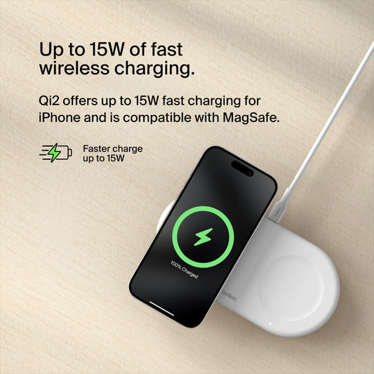 Belkin BoostCharge Pro 2-in-1 Wireless Charging Pad with Magnetic Qi2 15W, Fast Charging iPhone Wireless Charger Compatible with iPhone 15 Series, AirPods, MagSafe Enabled Devices - White