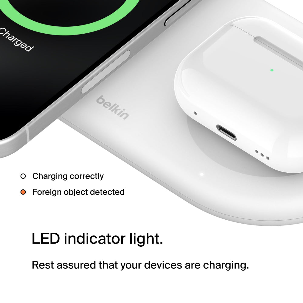 Belkin BoostCharge Pro 2-in-1 Wireless Charging Pad with Magnetic Qi2 15W, Fast Charging iPhone Wireless Charger Compatible with iPhone 15 Series, AirPods, MagSafe Enabled Devices - White