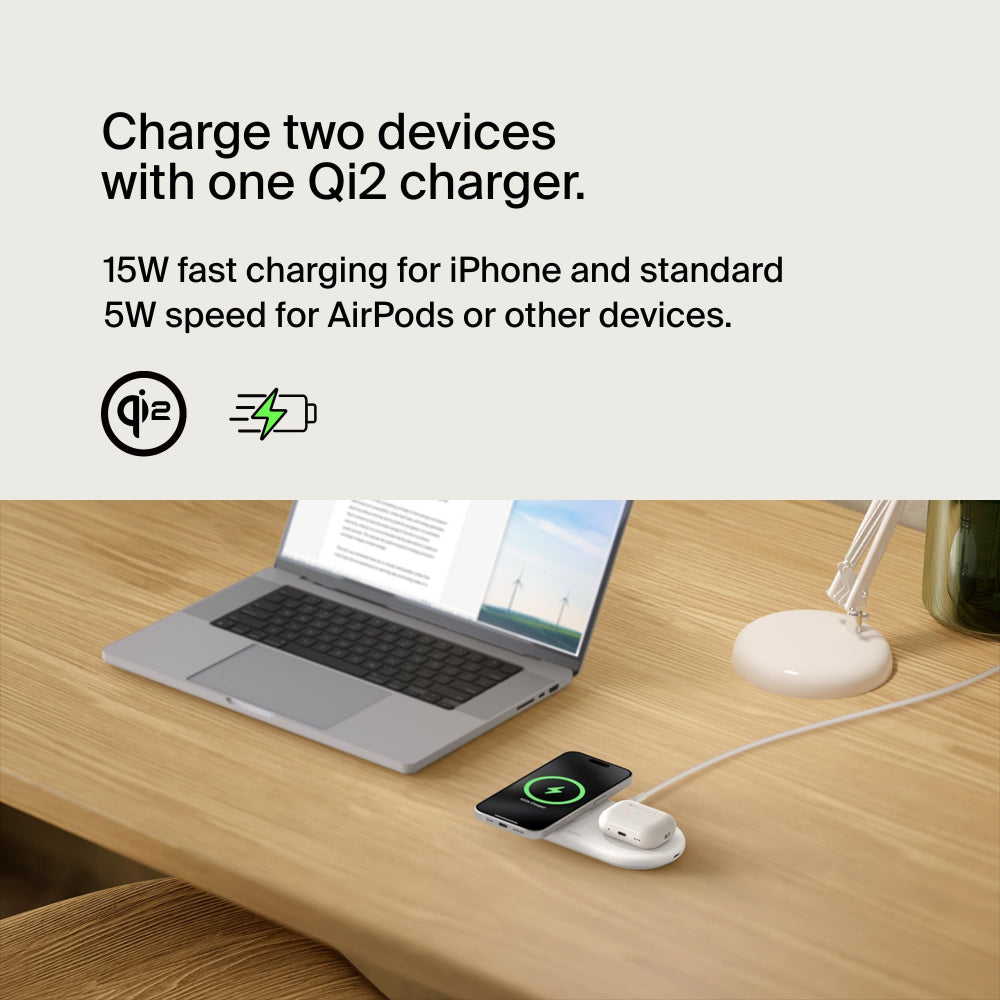 Belkin BoostCharge Pro 2-in-1 Wireless Charging Pad with Magnetic Qi2 15W, Fast Charging iPhone Wireless Charger Compatible with iPhone 15 Series, AirPods, MagSafe Enabled Devices - White