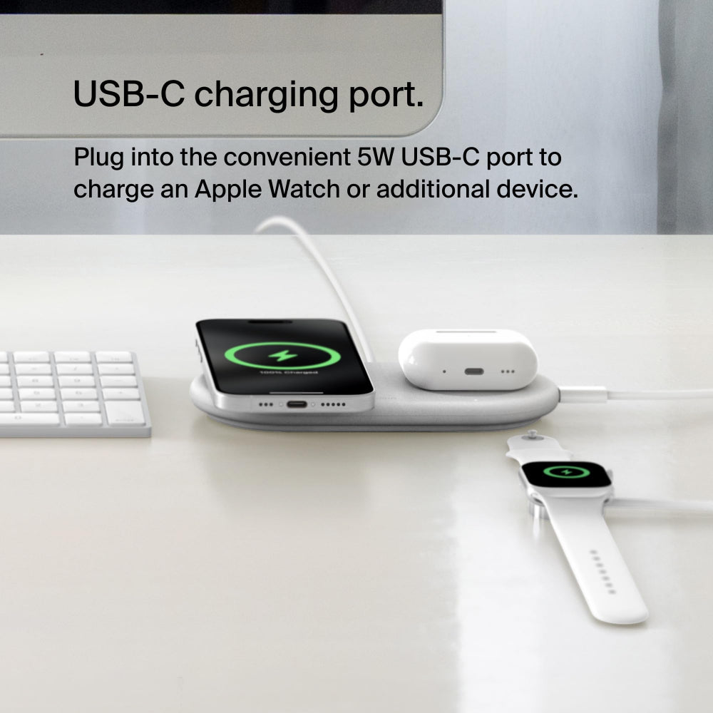 Belkin BoostCharge Pro 2-in-1 Wireless Charging Pad with Magnetic Qi2 15W, Fast Charging iPhone Wireless Charger Compatible with iPhone 15 Series, AirPods, MagSafe Enabled Devices - White