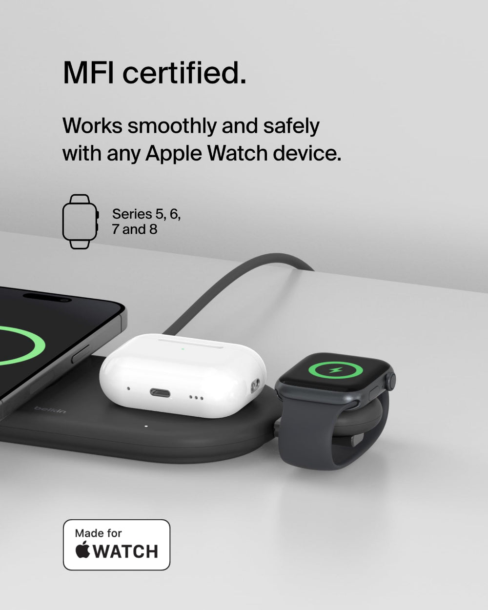 شاحن لاسلكي من بيلكين، محول ساعة أبل، منفذ USB-C، شحن سريع، أسود