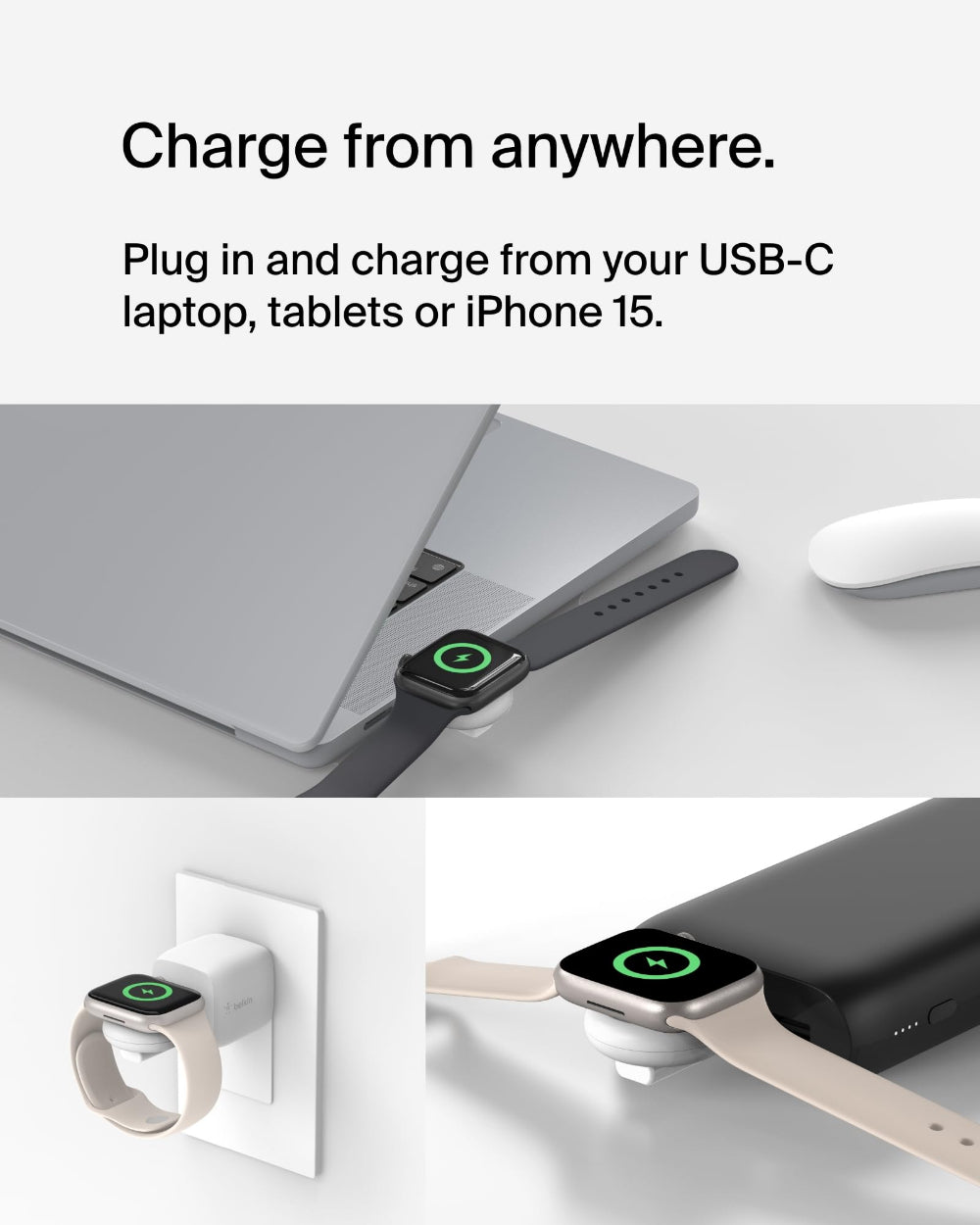 شاحن لاسلكي من بيلكين، محول لساعة أبل، منفذ USB-C، شحن سريع، أبيض