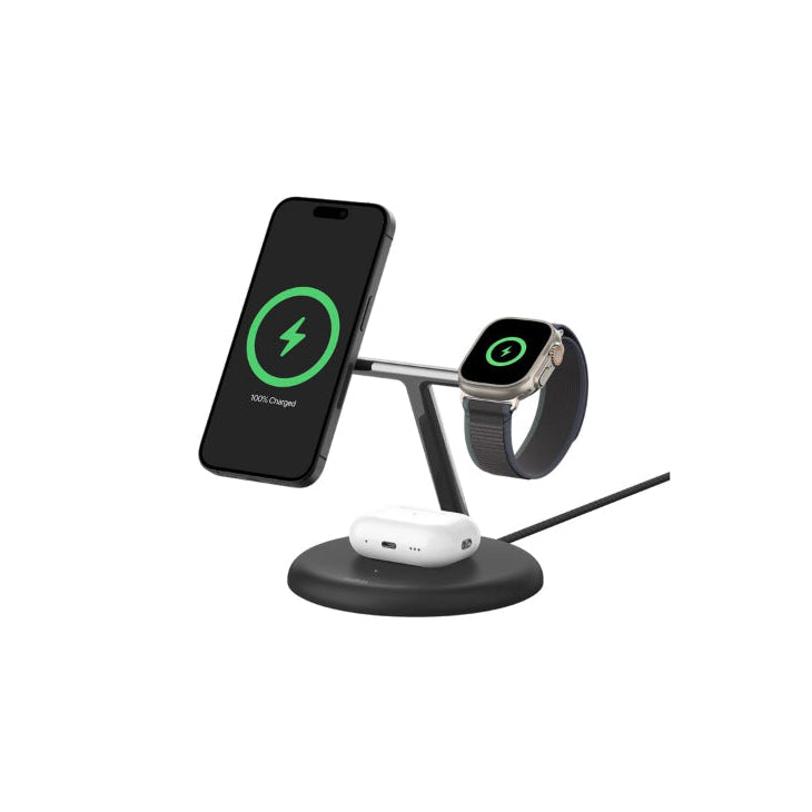 Belkin BoostCharge Pro 3-in-1 Wireless Charging Stand with Qi2 15W, iPhone, Apple Watch and AirPods Charger, with EU Plug, Black