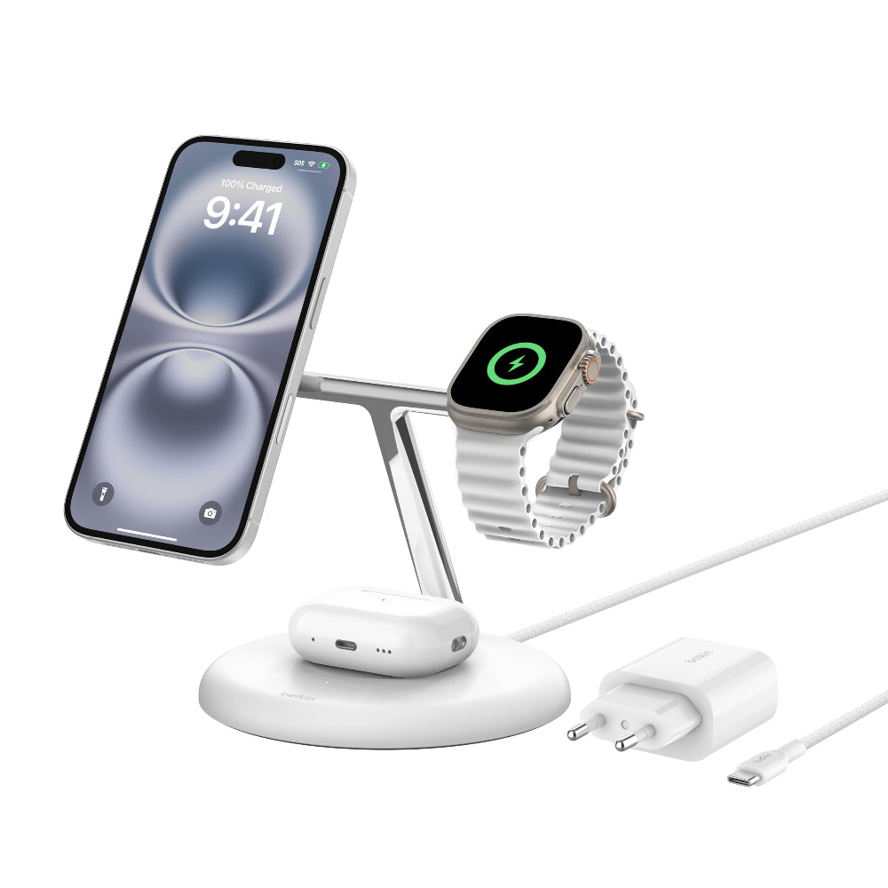 Belkin BoostCharge Pro 3-in-1 Wireless Charging Stand with Qi2 15W, iPhone, Apple Watch and AirPods Charger, with EU Plug, White