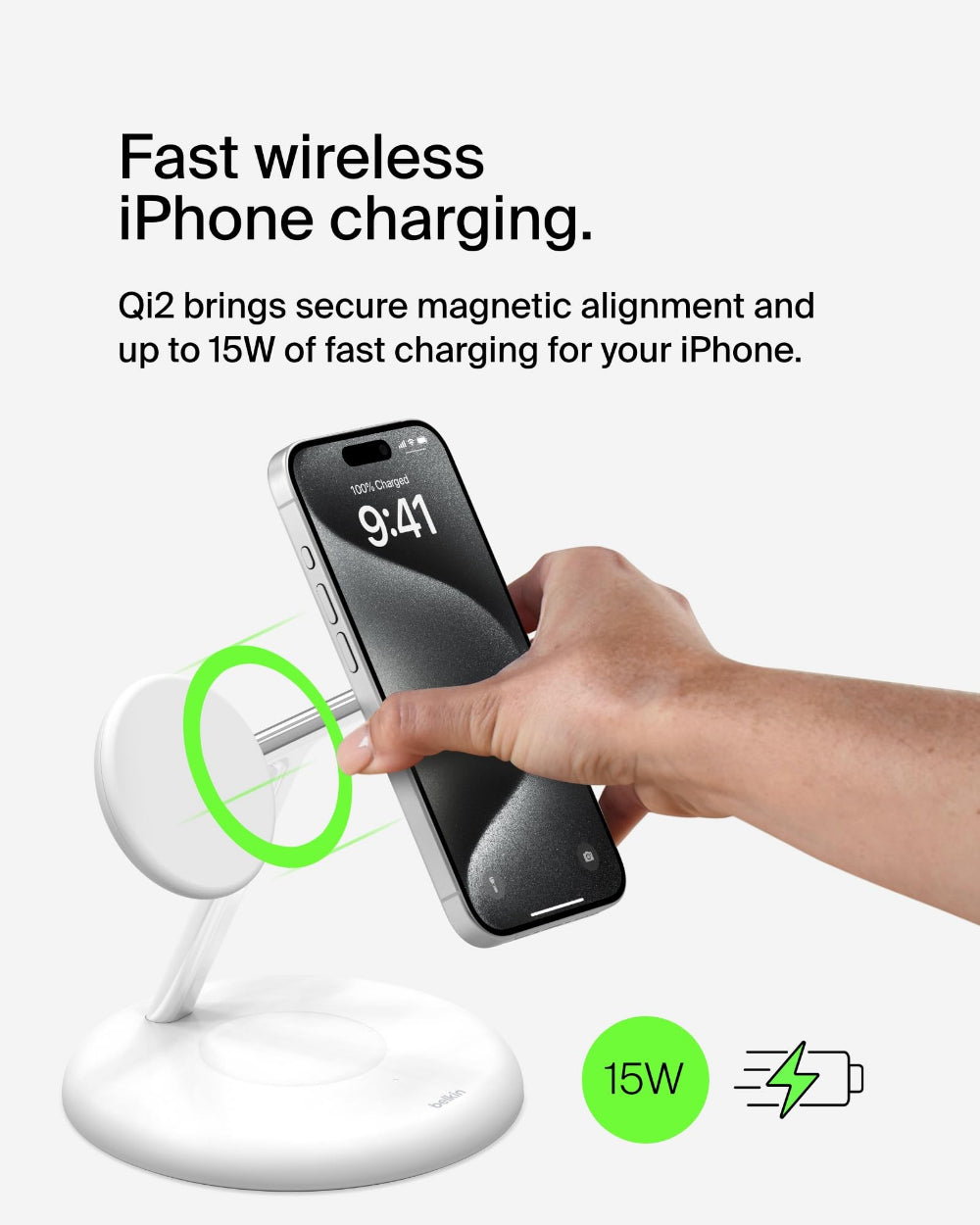 Belkin BoostCharge Pro 3-in-1 Wireless Charging Stand with Qi2 15W, iPhone, Apple Watch and AirPods Charger, with EU Plug, White