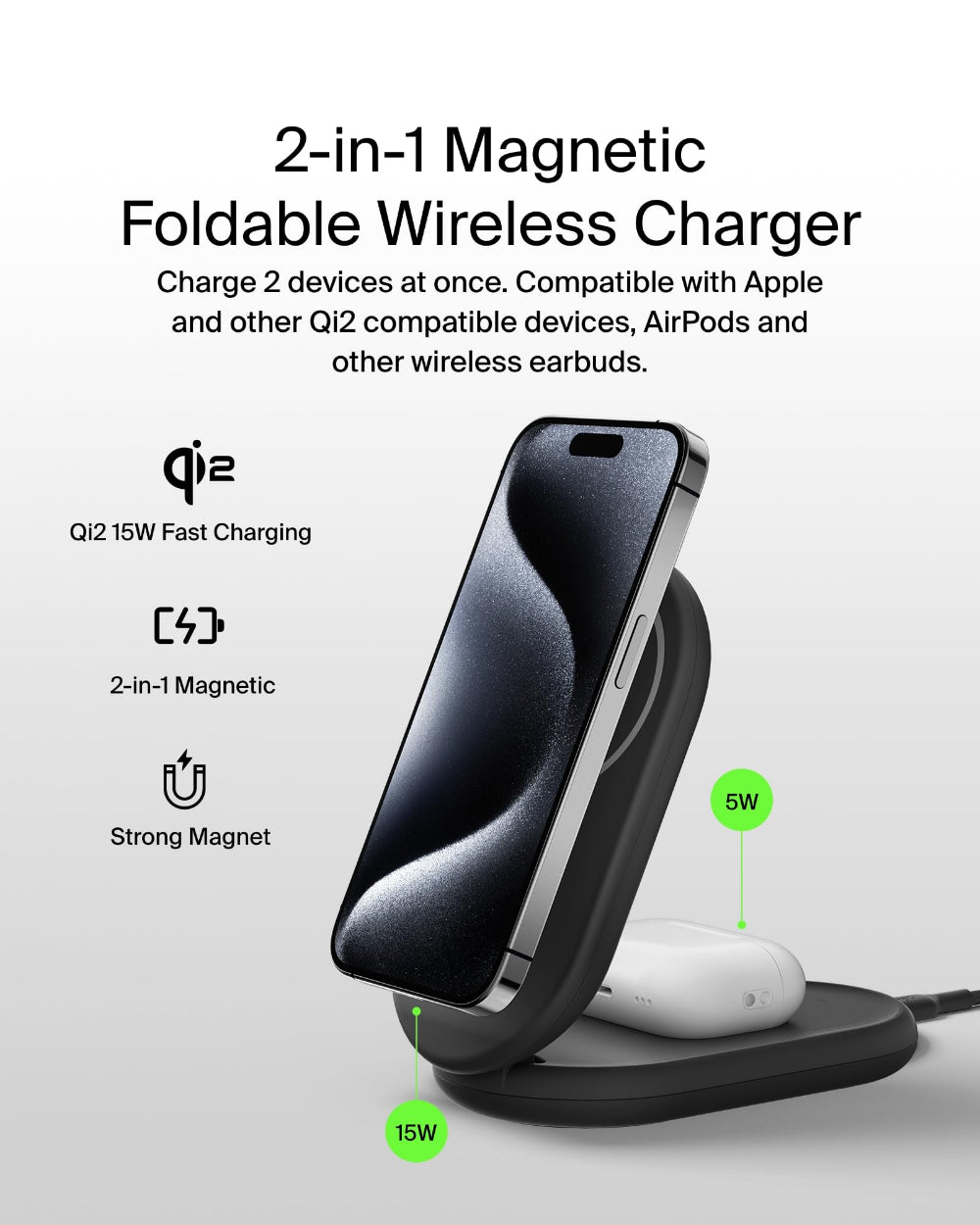 Belkin BoostCharge 2-in-1 Foldable Wireless Charger with Qi2 15W, Magnetic iPhone Charger, AirPods Charging Pad, USB-C Cable Included, Black