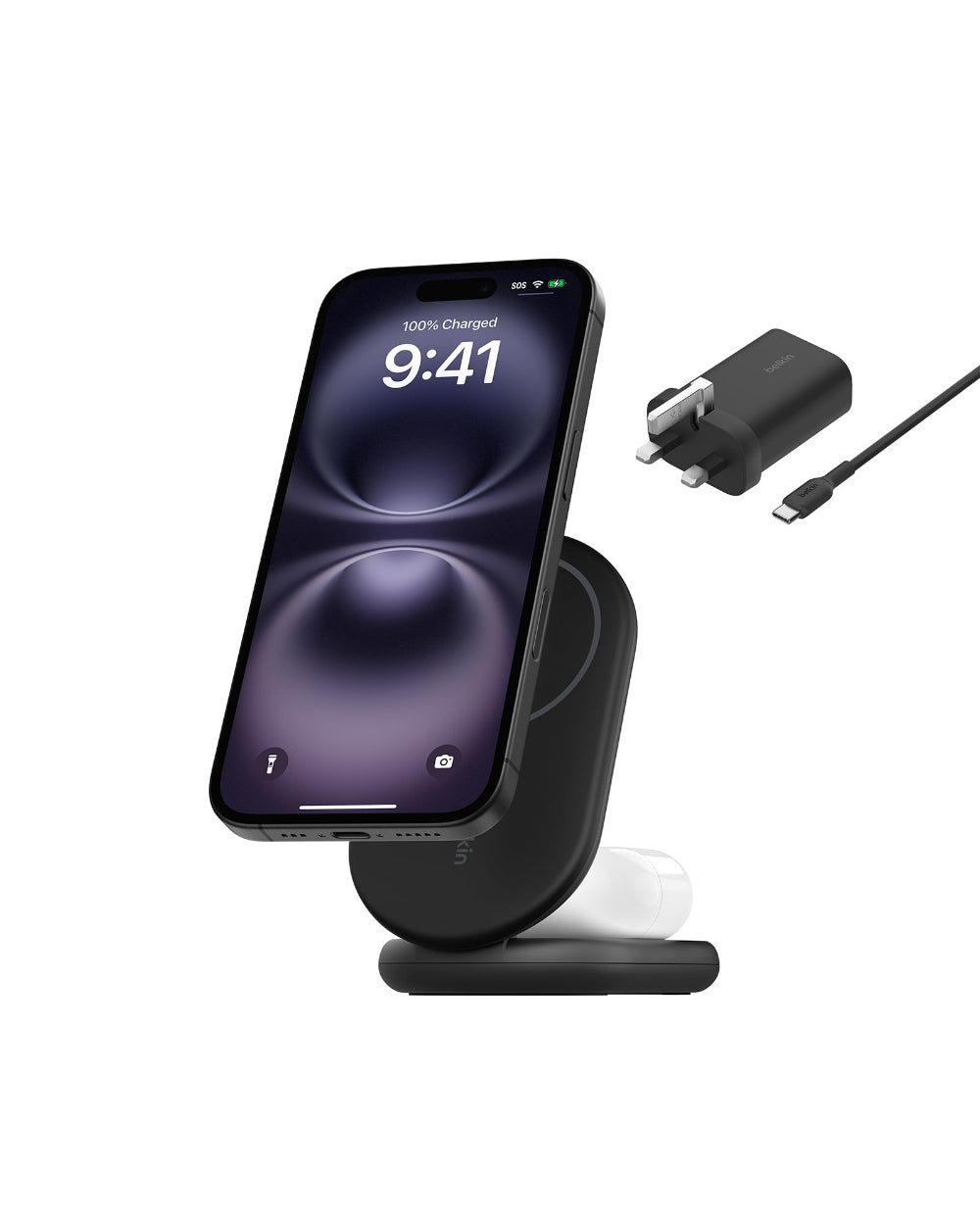 Belkin BoostCharge 2-in-1 Foldable Wireless Charger with Qi2 15W, Magnetic iPhone Charger, AirPods Charging Pad, USB-C Cable Included, Black