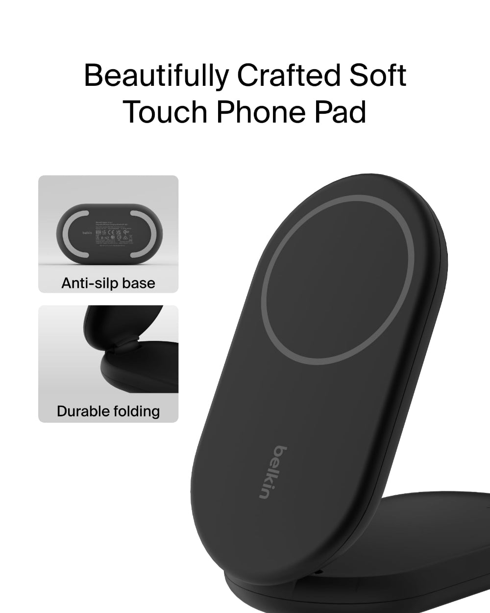 Belkin BoostCharge 2-in-1 Foldable Wireless Charger with Qi2 15W, Magnetic iPhone Charger, AirPods Charging Pad, USB-C Cable Included, Black