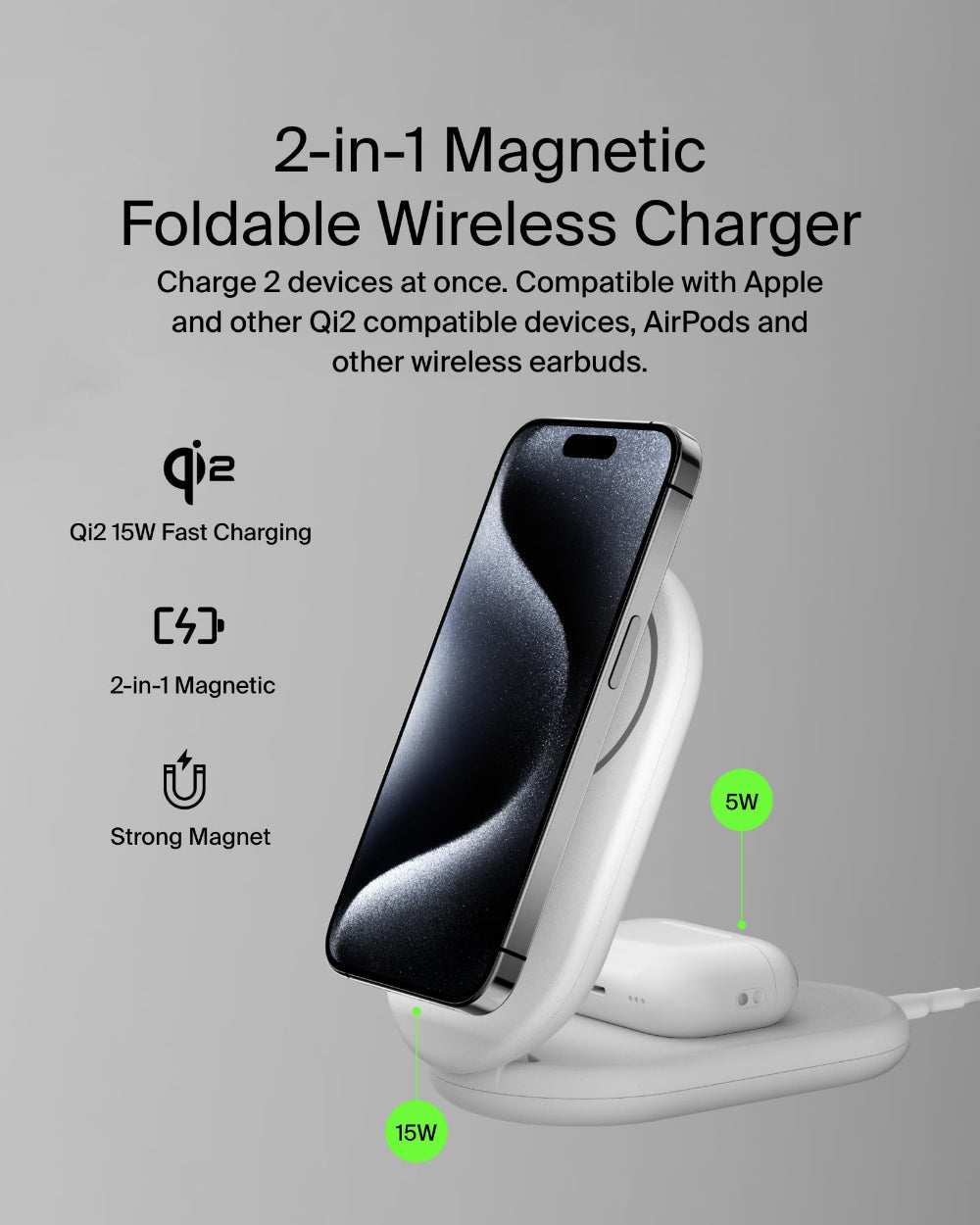 Belkin BoostCharge 2-in-1 Foldable Wireless Charger, Qi2 15W Magnetic iPhone & AirPods Charging Stand with USB-C Cable and 36W Power Supply, White