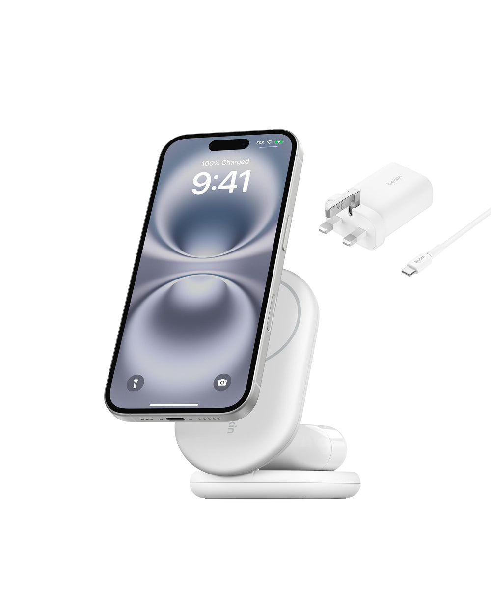 Belkin BoostCharge 2-in-1 Foldable Wireless Charger, Qi2 15W Magnetic iPhone & AirPods Charging Stand with USB-C Cable and 36W Power Supply, White