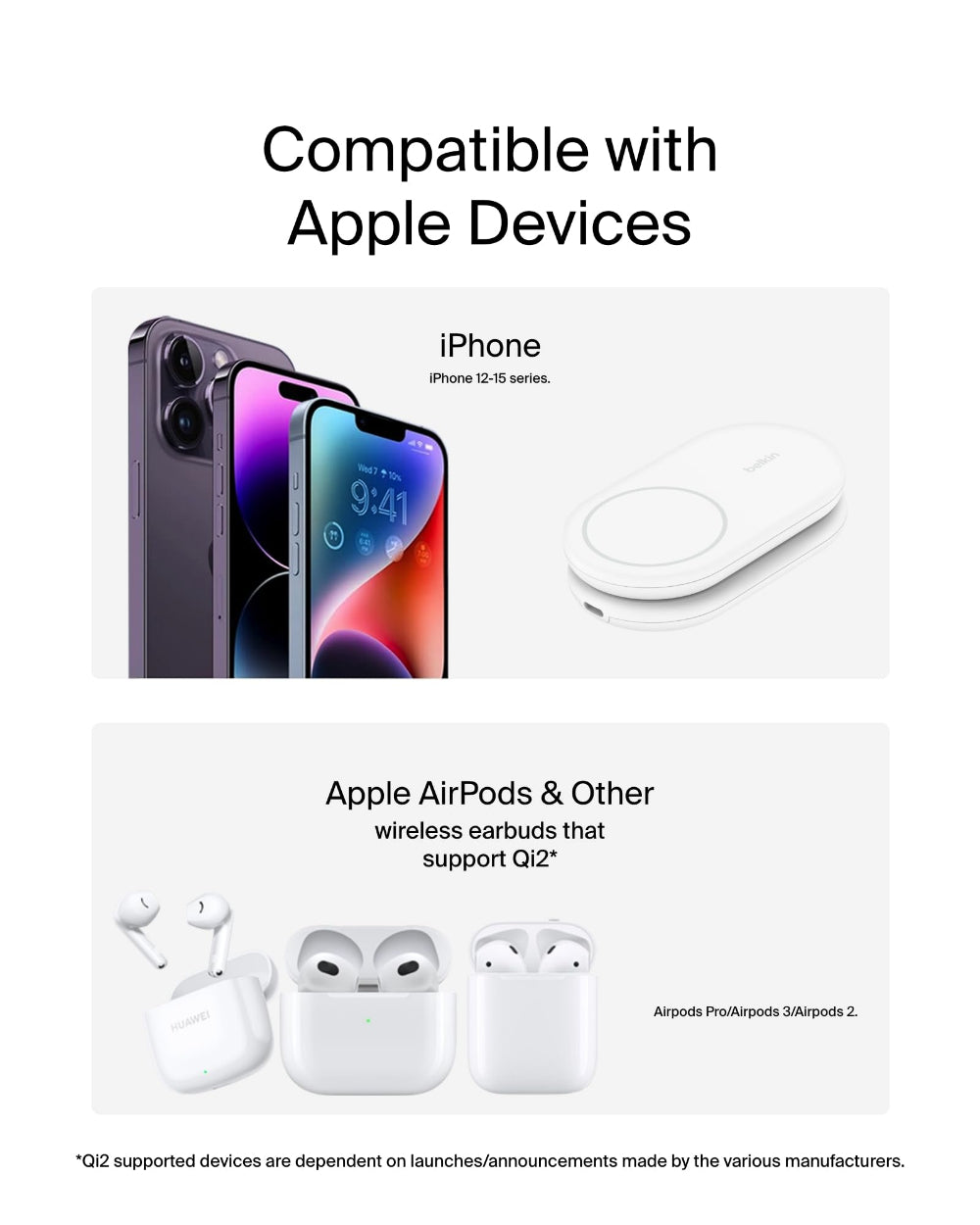 Belkin BoostCharge 2-in-1 Foldable Wireless Charger, Qi2 15W Magnetic iPhone & AirPods Charging Stand with USB-C Cable and 36W Power Supply, White