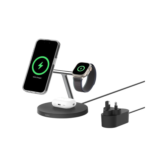 Belkin BoostCharge Pro 3-IN-1 | Wireless Magnetic Charging Stand w/ Qi2 15W, Strong Magnet, Fast Charge Apple & Android Phones, Apple Watch 9/8/7 Ultra 2, Incl. 40W Power Supply - Black