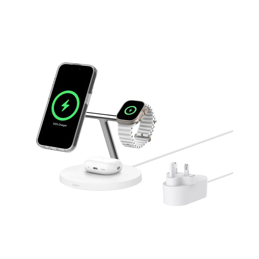 Belkin BoostCharge Pro 3-IN-1 | Wireless Magnetic Charging Stand w/ Qi2 15W, Strong Magnet, Fast Charge Apple & Android Phones, Apple Watch 9/8/7 Ultra 2, Incl. 40W Power Supply - White