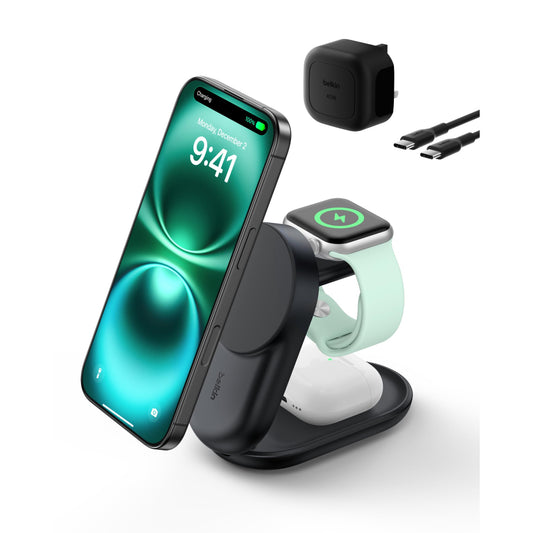 شاحن Belkin UltraCharge 3 في 1 قابل للطي بتقنية MagSafe Qi2 | لأجهزة iPhone و Apple Watch و AirPods مع منفذ طاقة USB-C بقوة 45 واط، شكل دائري / أسود