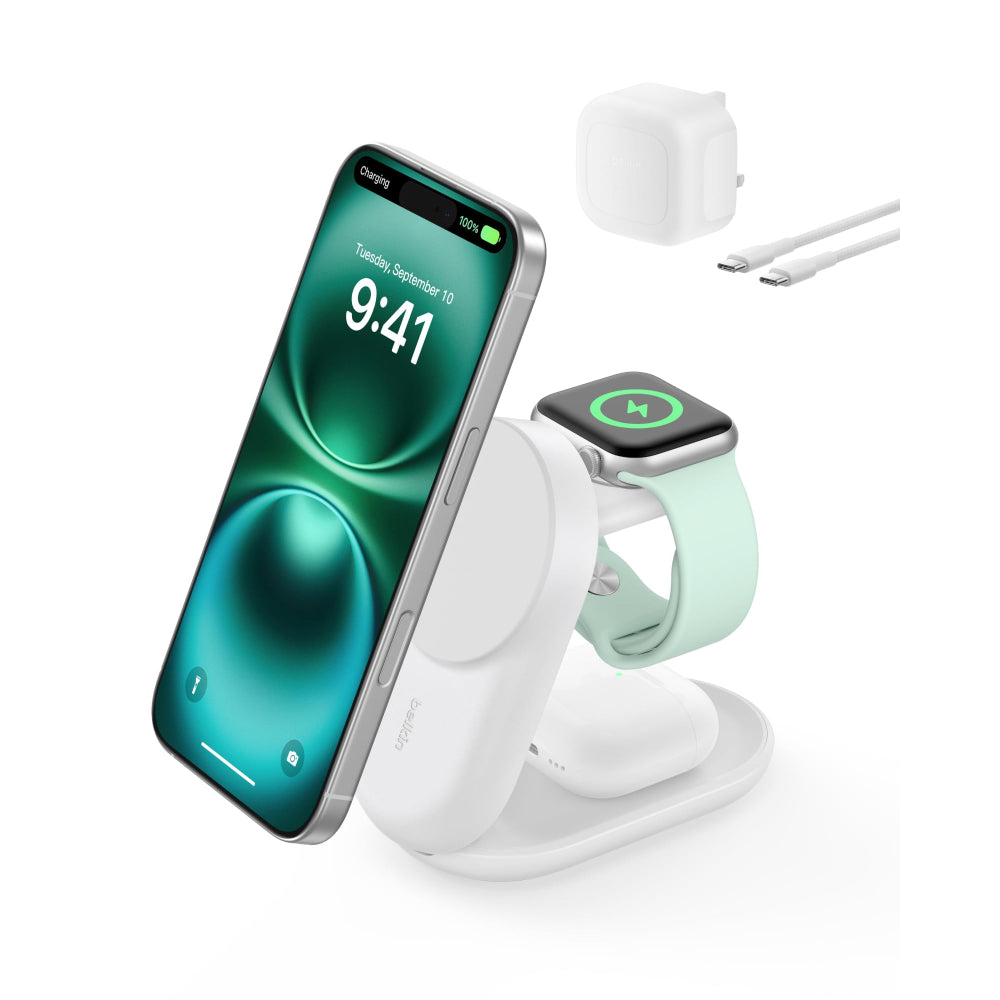 Belkin UltraCharge 3-in-1 Foldable MagSafe Qi2 Charger|for iPhone, Apple Watch, Airpods with 45W USB-C Power Supply, Round Form / White
