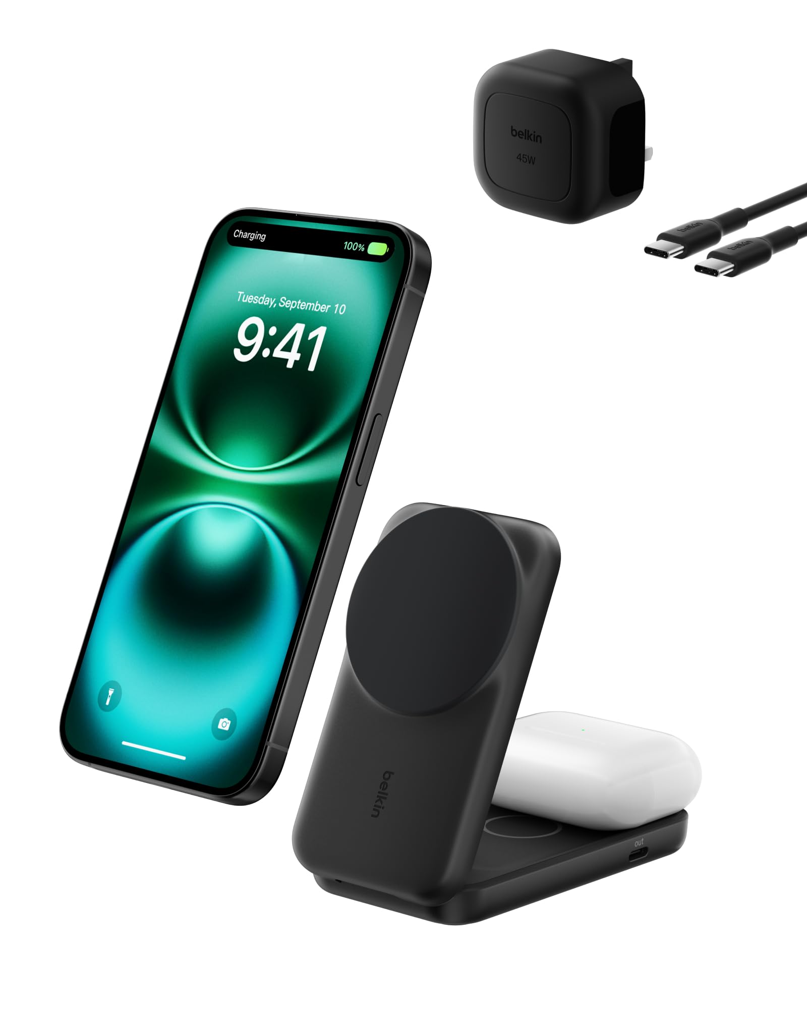 شاحن Belkin UltraCharge 3 في 1 قابل للطي بتقنية MagSafe Qi2 | لأجهزة iPhone و Apple Watch و AirPods مع منفذ طاقة USB-C بقوة 45 واط، شكل مربع / أسود