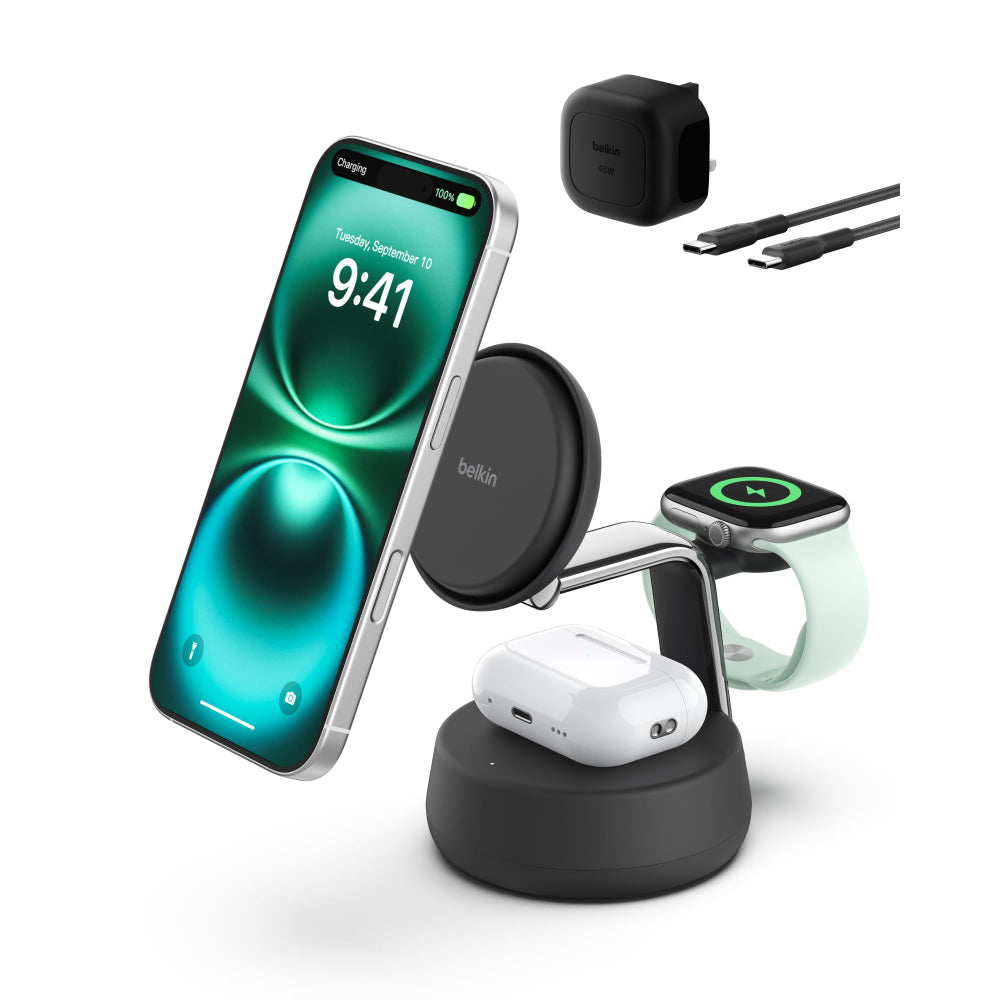 Belkin UltraCharge Pro 3-in-1 MagSafe Charging Dock Qi2 25W| for iPhone, Apple Watch, Airpods with 45W USB-C Power Supply - Charcoal