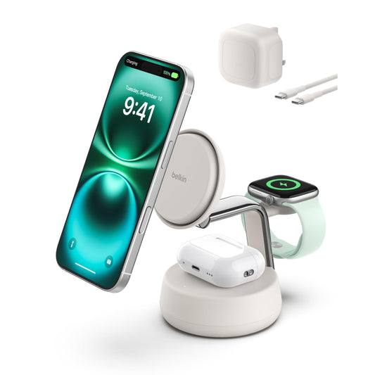 Belkin UltraCharge Pro 3-in-1 MagSafe Wireless Charging Dock| Qi2 25W Fast Charger for iPhone 17/16/15/14/13/12, Apple Watch & AirPods, Compact & Ajustable w/ 45W USB-C Power Supply & Cable - Sand