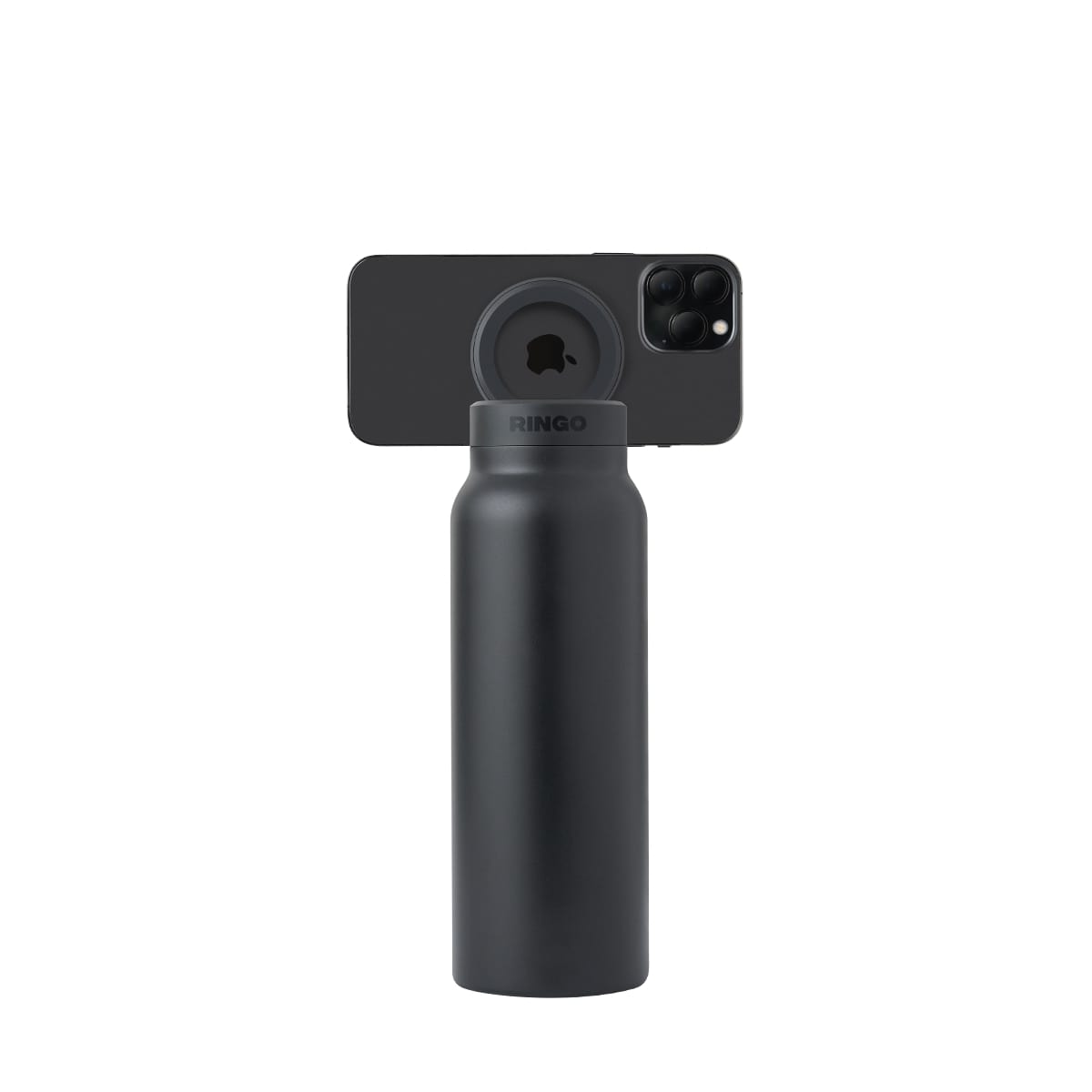 RINGO Water Bottle + Free Magnetic Booster Ring| Stainless Steel Hydration Bottle w/ Integrated MagSafe Phone Mount, 12Hrs Hot/24Hrs Cold, BPA-Free, Works w/ All Devices Android & iOS - Black 24Oz