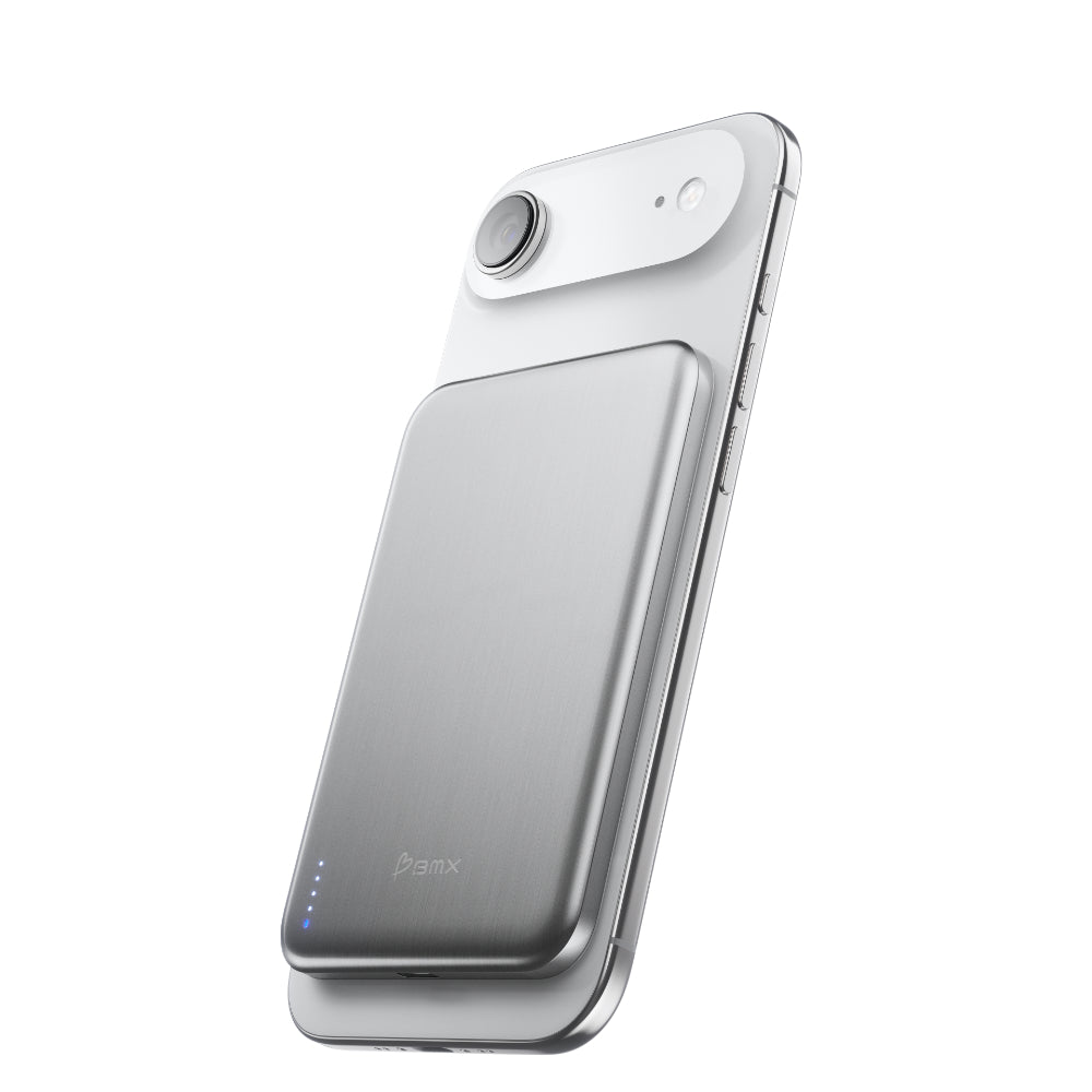 BMX SolidSafe™ Air 5K Magnetic Power Bank| Slim 6.8mm Semi-Solid Qi2, TSA Flight Approved, 15W/20W Wireless/Wired, USB-C Fast Charging, for iPhone 18/17/16/15 MagSafe Phones & Cases - Silver
