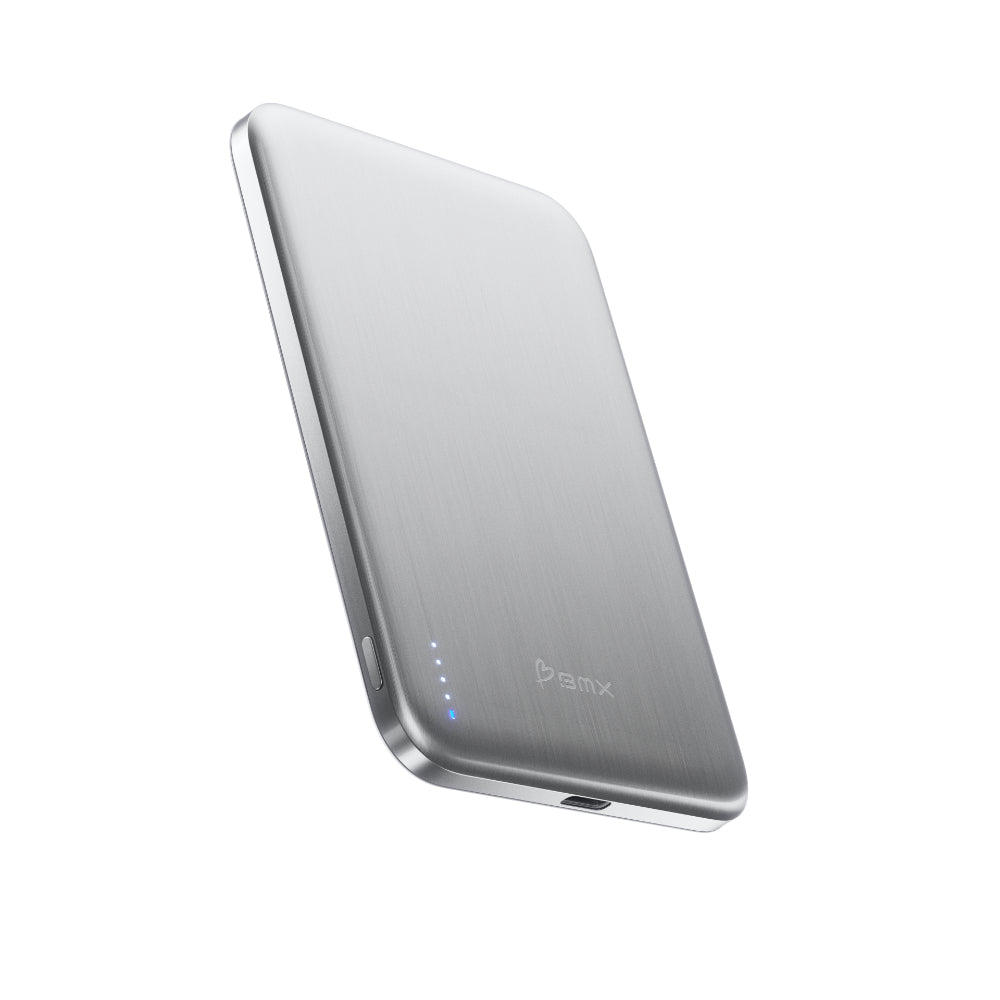BMX SolidSafe™ Air 5K Magnetic Power Bank| Slim 6.8mm Semi-Solid Qi2, TSA Flight Approved, 15W/20W Wireless/Wired, USB-C Fast Charging, for iPhone 18/17/16/15 MagSafe Phones & Cases - Silver