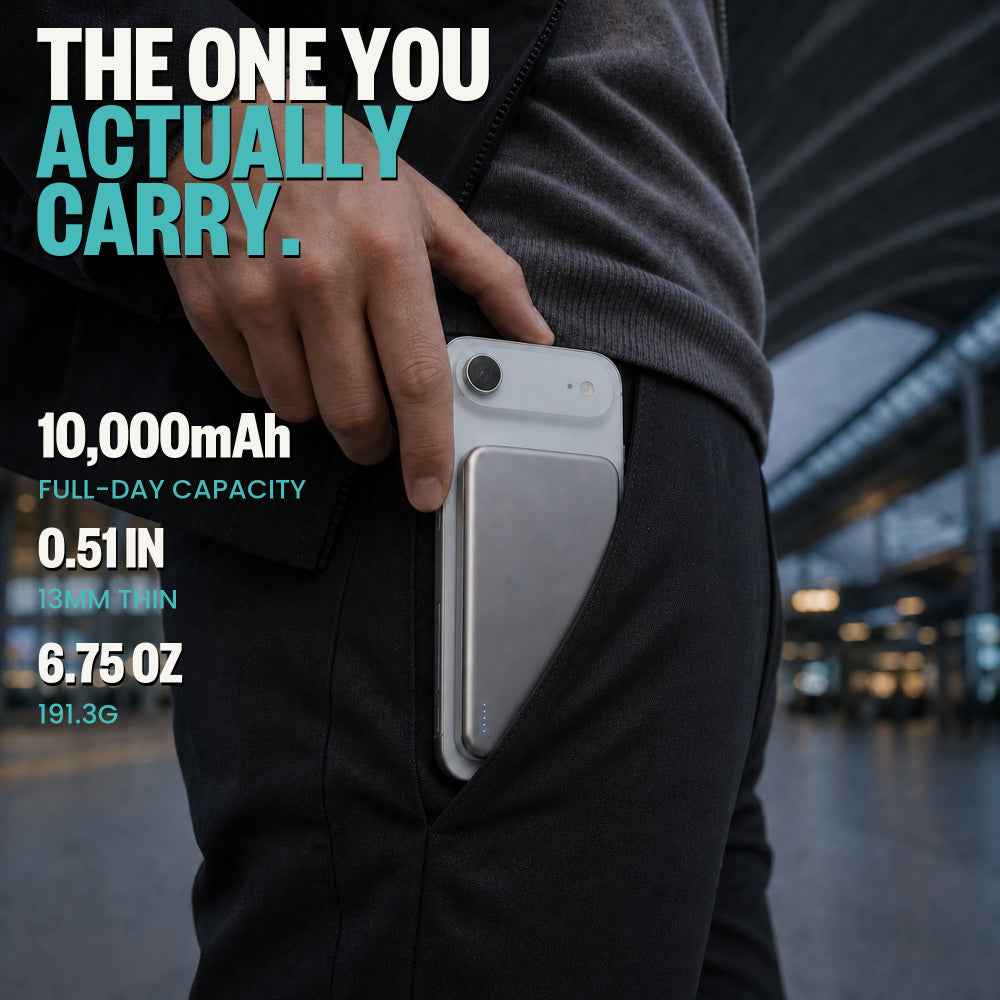 BMX SolidSafe™ Air 10K Magnetic Power Bank| Slim 13mm Semi-Solid Qi2.2 TSA Flight Approved, 15W/30W Wireless/Wired, USB-C Fast Charging for iPhone 18/17/16/15 MagSafe Phones & Cases - Black