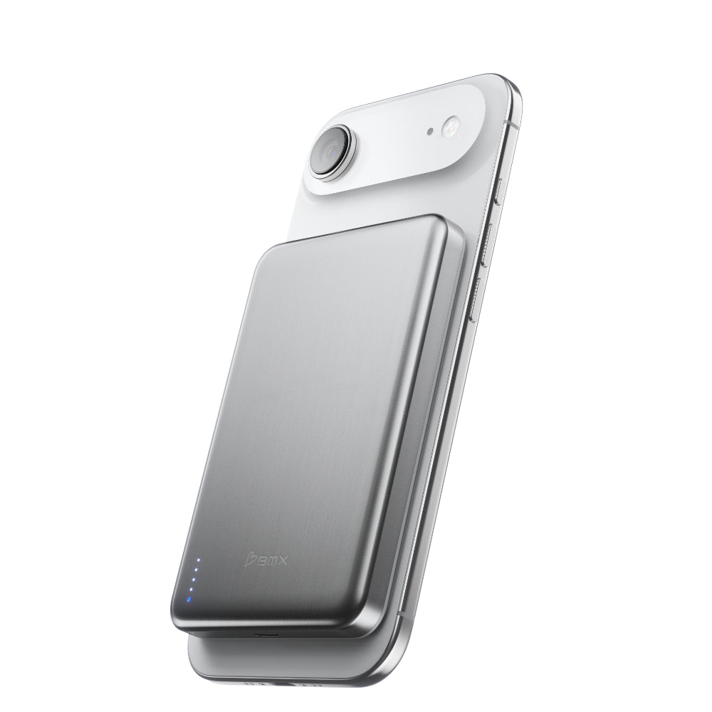 BMX SolidSafe™ Air 10K Magnetic Power Bank| Slim 13mm Semi-Solid Qi2.2 TSA Flight Approved, 15W/30W Wireless/Wired, USB-C Fast Charging for iPhone 18/17/16/15 MagSafe Phones & Cases - Silver