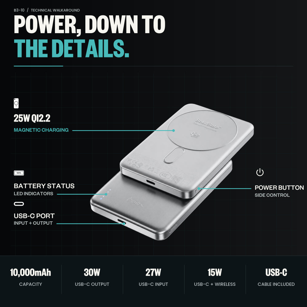BMX SolidSafe™ Air 10K Magnetic Power Bank| Slim 13mm Semi-Solid Qi2.2 TSA Flight Approved, 15W/30W Wireless/Wired, USB-C Fast Charging for iPhone 18/17/16/15 MagSafe Phones & Cases - Silver