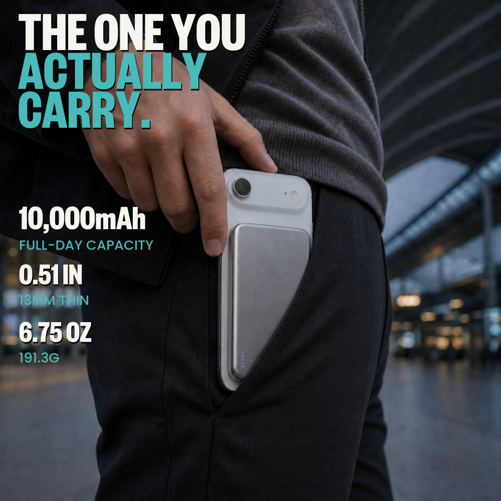 BMX SolidSafe™ Air 10K Magnetic Power Bank| Slim 13mm Semi-Solid Qi2.2 TSA Flight Approved, 15W/30W Wireless/Wired, USB-C Fast Charging for iPhone 18/17/16/15 MagSafe Phones & Cases - Silver