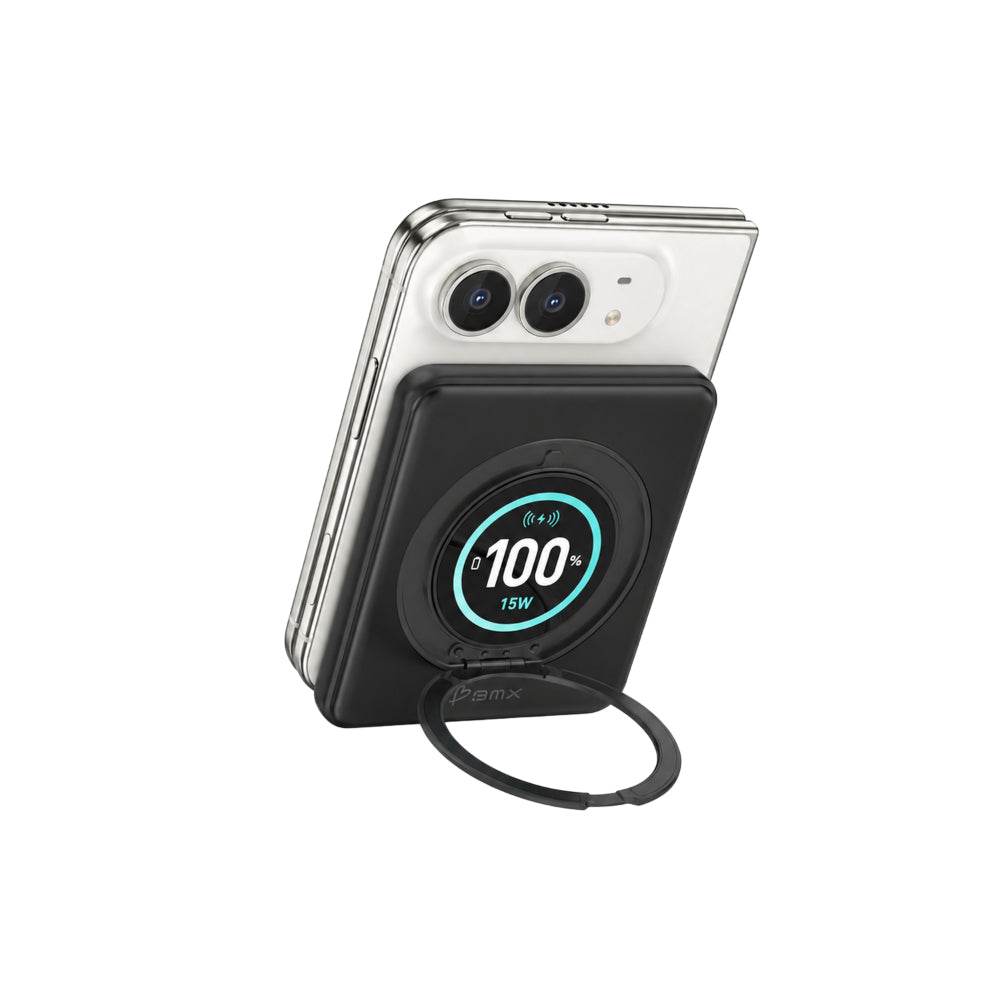 BMX SolidSafe™ Duo 5K Magnetic Power Bank| Semi-Solid Qi2, TSA Flight Approved, 15W/20W Wireless/Wired, Built-in Ring Stand, for iPhone Duo 18/17/16/15 MagSafe Phones & Cases - Black