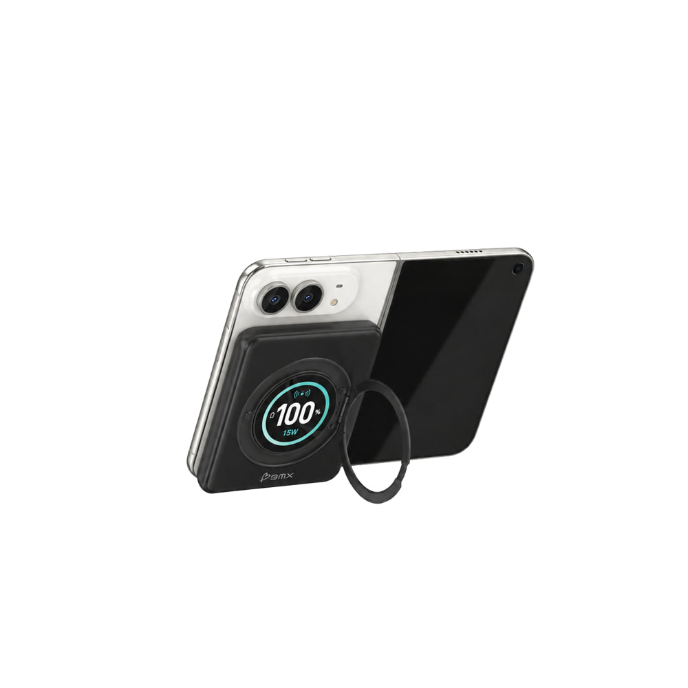 BMX SolidSafe™ Duo 5K Magnetic Power Bank| Semi-Solid Qi2, TSA Flight Approved, 15W/20W Wireless/Wired, Built-in Ring Stand, for iPhone Duo 18/17/16/15 MagSafe Phones & Cases - Black