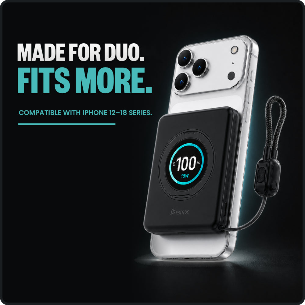 BMX SolidSafe™ Duo 5K Magnetic Power Bank| Semi-Solid Qi2, TSA Flight Approved, 15W/20W Wireless/Wired, Built-in Ring Stand, for iPhone Duo 18/17/16/15 MagSafe Phones & Cases - Black