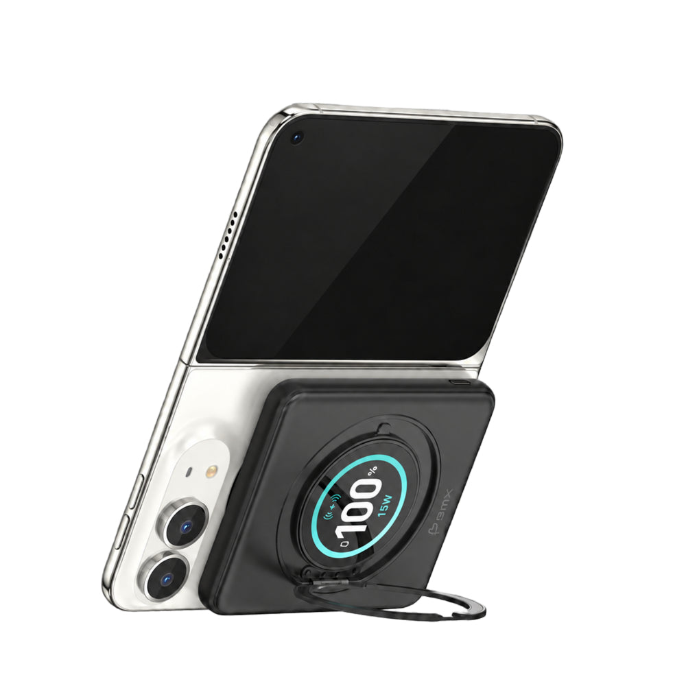 BMX SolidSafe™ Duo 5K Magnetic Power Bank| Semi-Solid Qi2, TSA Flight Approved, 15W/20W Wireless/Wired, Built-in Ring Stand, for iPhone Duo 18/17/16/15 MagSafe Phones & Cases - Black