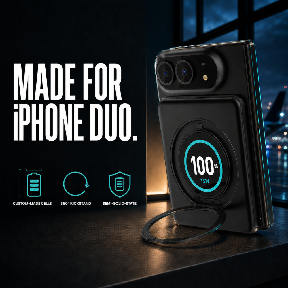 BMX SolidSafe™ Duo 5K Magnetic Power Bank| Semi-Solid Qi2, TSA Flight Approved, 15W/20W Wireless/Wired, Built-in Ring Stand, for iPhone Duo 18/17/16/15 MagSafe Phones & Cases - Black