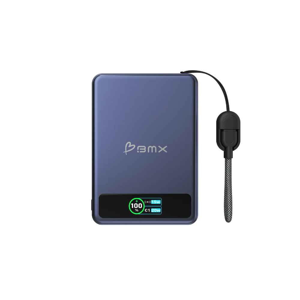 BMX SolidSafe™ 5K Magnetic Power Bank| Solid State Technology, Safe and Efficient, TSA Flight Approved, 15W/20W Wireless/Wired, USB-C Fast Charging, Info Display, Compact & Lightweight - Blue