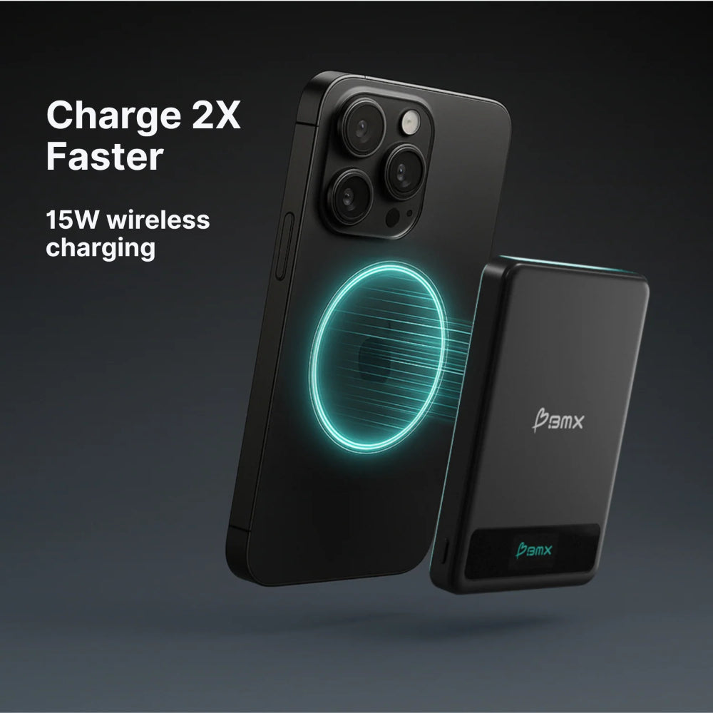 BMX SolidSafe™ 5K Magnetic Power Bank| Solid State Technology, Safe and Efficient, TSA Flight Approved, 15W/20W Wireless/Wired, USB-C Fast Charging, Info Display, Compact & Lightweight - Blue