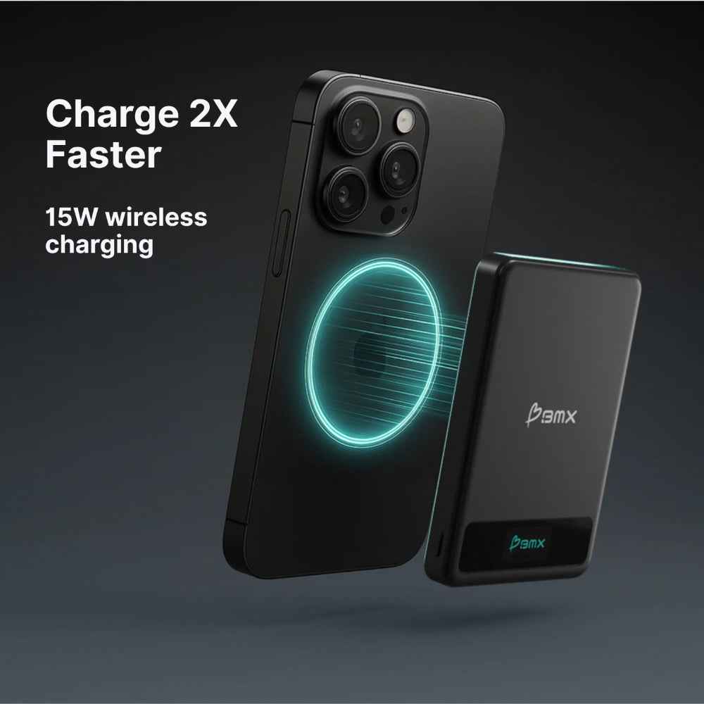 BMX SolidSafe™ 5K Magnetic Power Bank| Solid State Technology, Safe and Efficient, TSA Flight Approved, 15W/20W Wireless/Wired, USB-C Fast Charging, Info Display, Compact & Lightweight - Silver