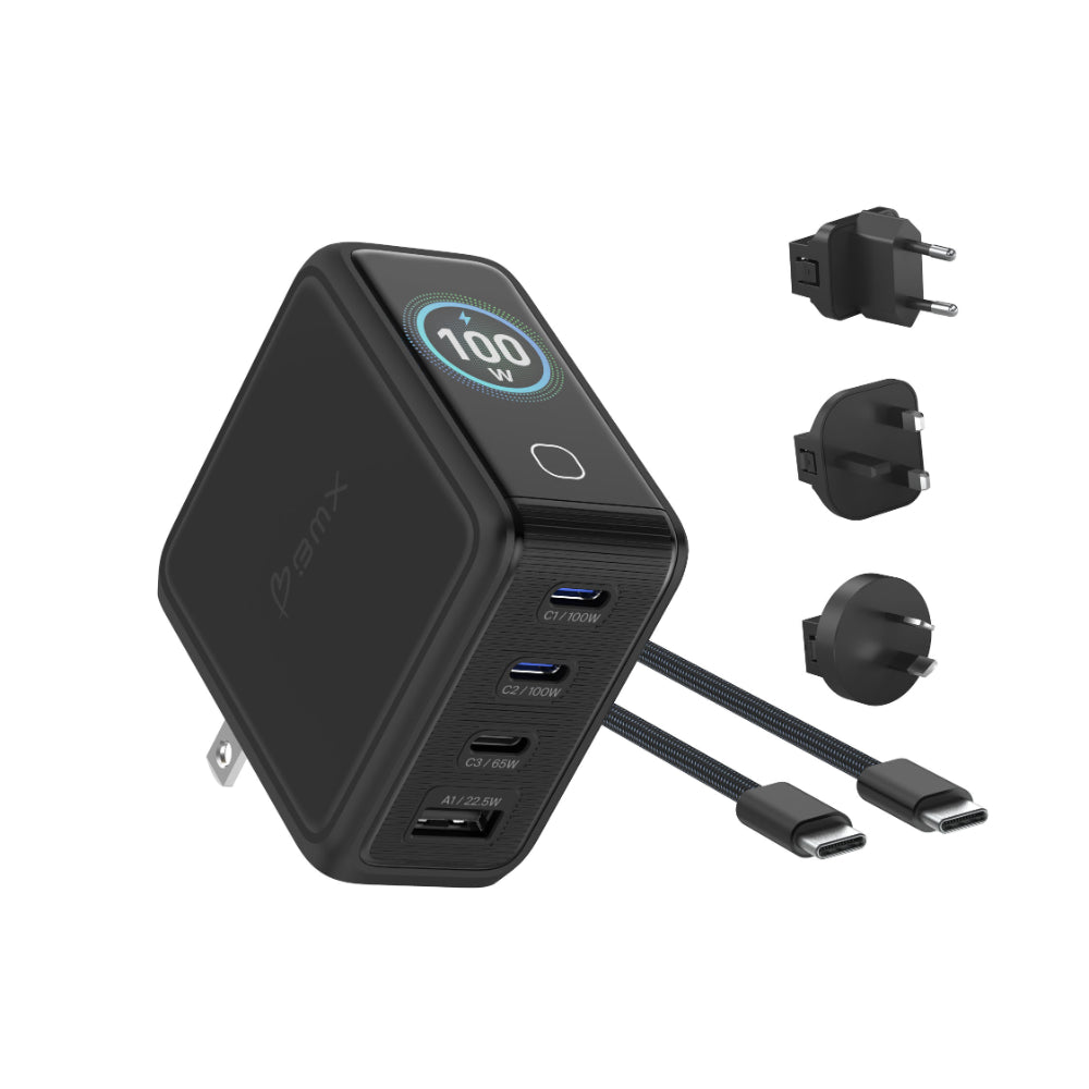 BMX GaNsta 100W Laptop World Charger | GaN Fast Charger, LCD Display, Multi-Port USB-C with Travel Adapters, for MacBook Pro/Air, Laptops, 2-in-1, Tablets, Smartphones, Headphones, Black