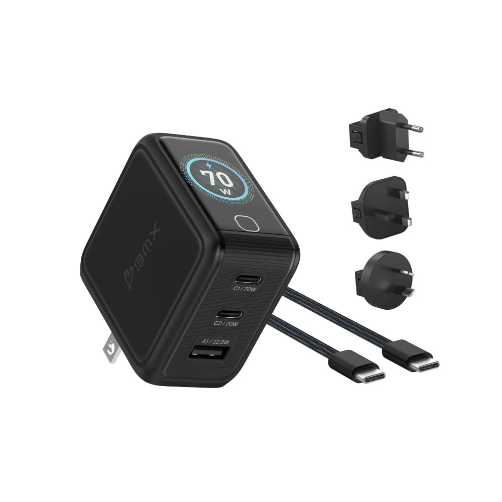 BMX GaNsta 70W Laptop World Charger | GaN Fast Charger, LCD Display, Multi-Port USB-C with Travel Adapters, for MacBook Pro/Air, Laptops, 2-in-1, Tablets, Smartphones, Headphones, Black