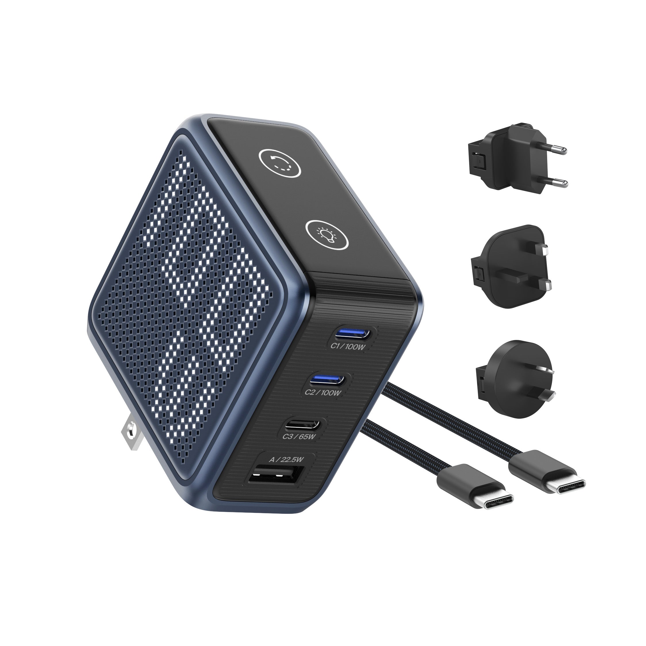 BMX GaNsta 100W Laptop World Charger | GaN Fast Charger, Pixel Display, Multi-Port USB-C Charging with Travel Adapters, for MacBook Pro/Air, Laptops, 2-in-1, Tablets, Smartphones, Headphones, Blue