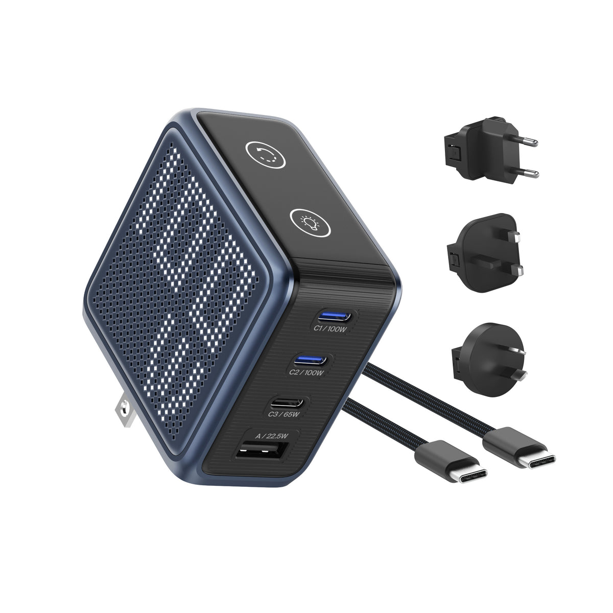 BMX GaNsta 100W Laptop World Charger | GaN Fast Charger, Pixel Display, Multi-Port USB-C Charging with Travel Adapters, for MacBook Pro/Air, Laptops, 2-in-1, Tablets, Smartphones, Headphones, Blue