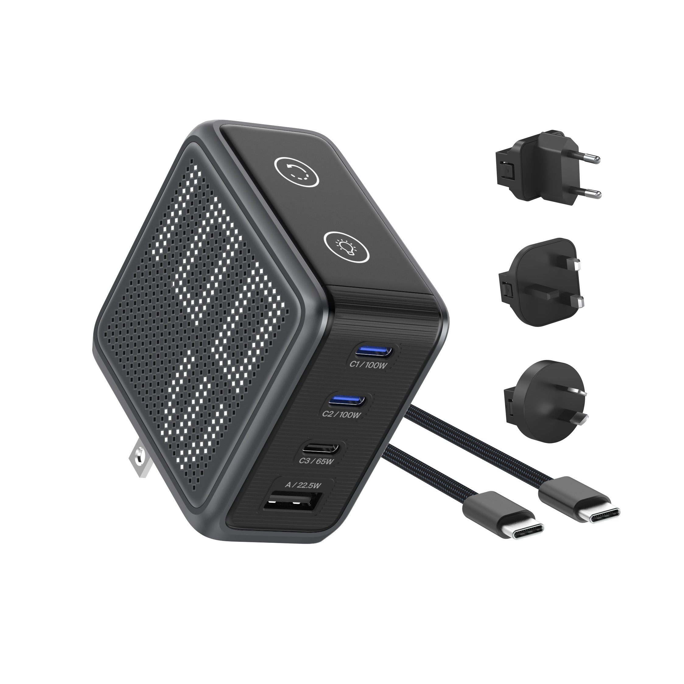 BMX GaNsta 100W Laptop World Charger | GaN Fast Charger, Pixel Display, Multi-Port USB-C Charging with Travel Adapters, for MacBook Pro/Air, Laptops, 2-in-1, Tablets, Smartphones, Headphones, Gray
