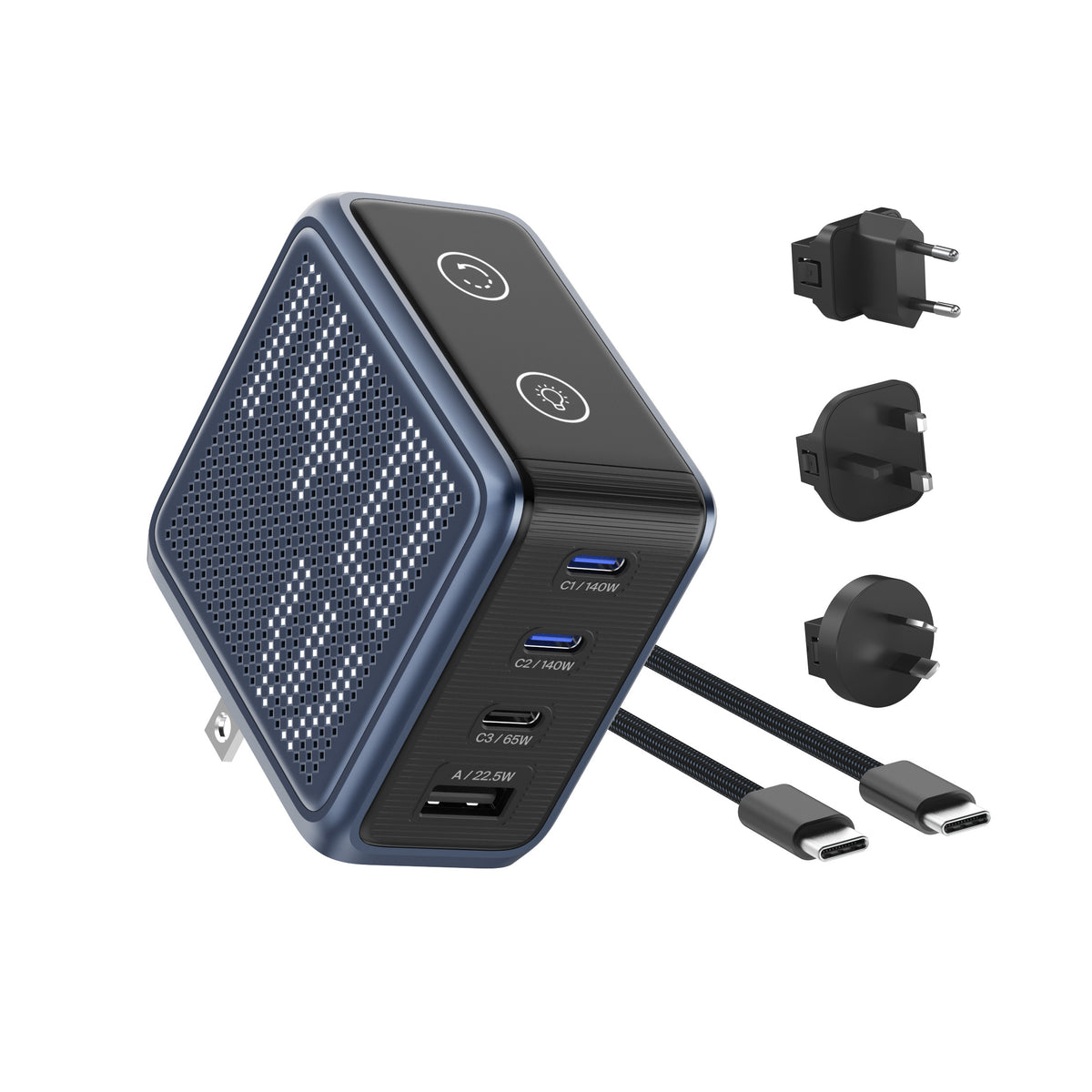 BMX GaNsta 140W Laptop World Charger | GaN Fast Charger, Pixel Display, Multi-Port USB-C Charging with Travel Adapters, for MacBook Pro/Air, Laptops, 2-in-1, Tablets, Smartphones, Headphones, Blue
