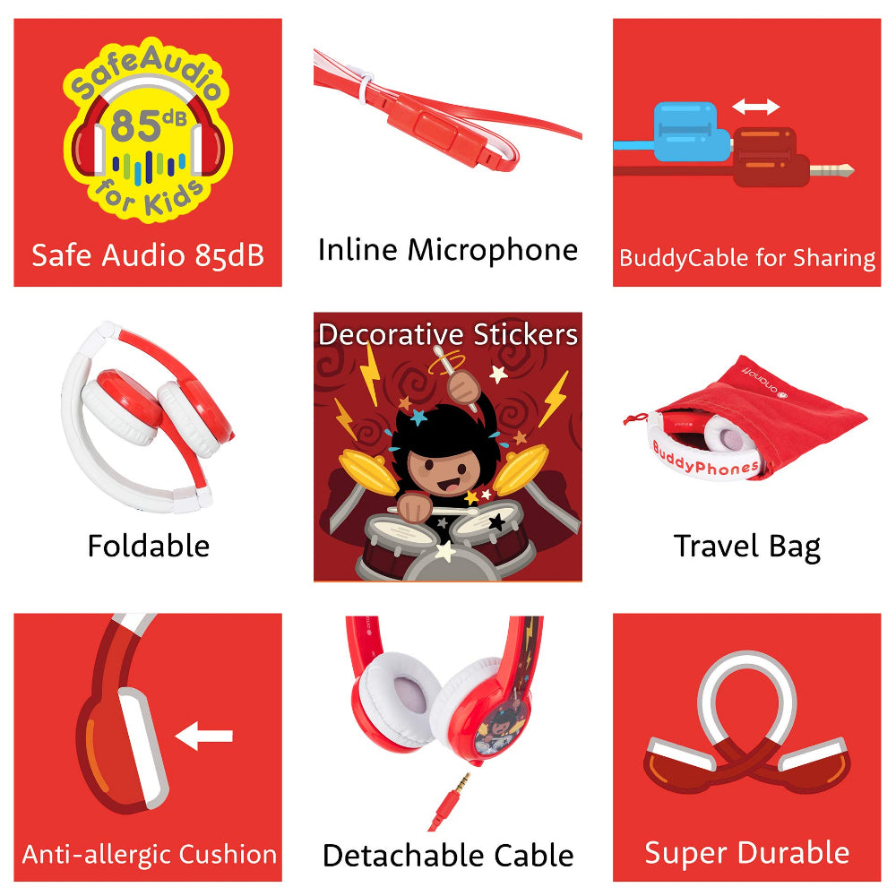 BuddyPhones - Explore Foldable Headphones with Mic - Red