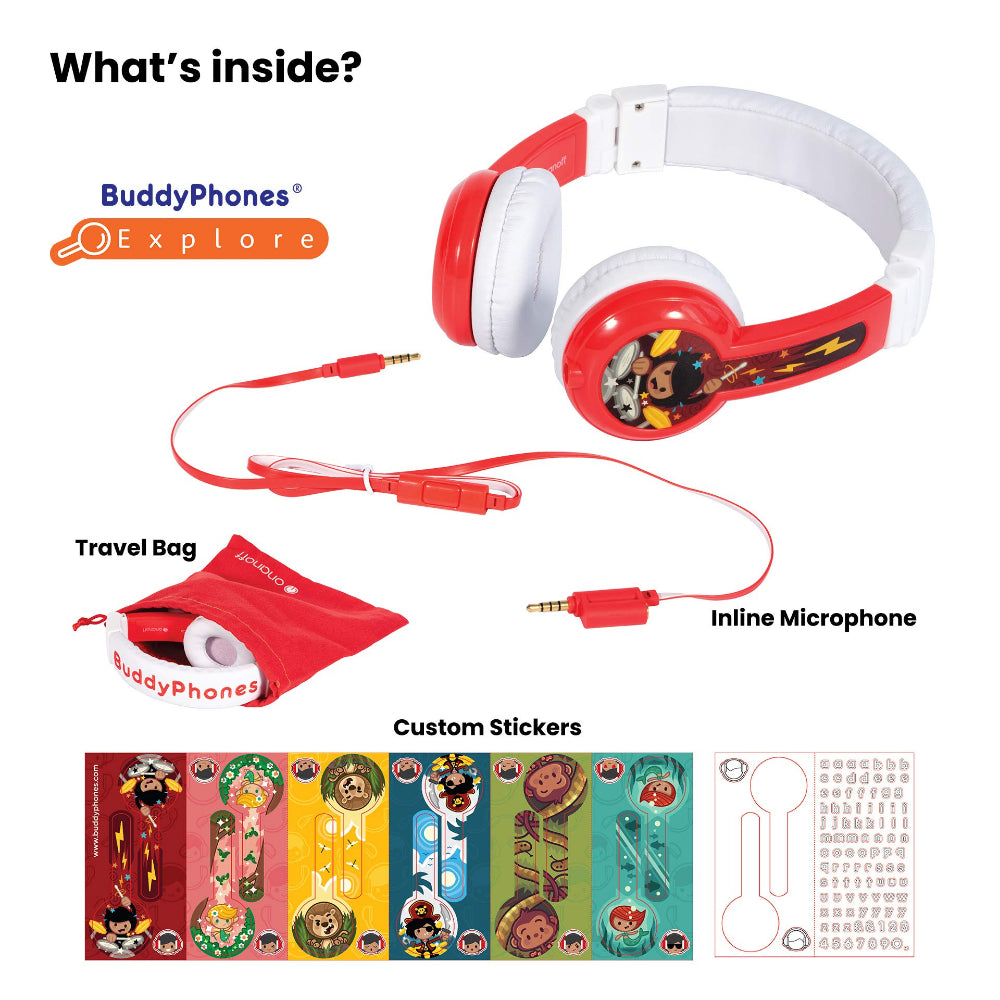 BuddyPhones - Explore Foldable Headphones with Mic - Red